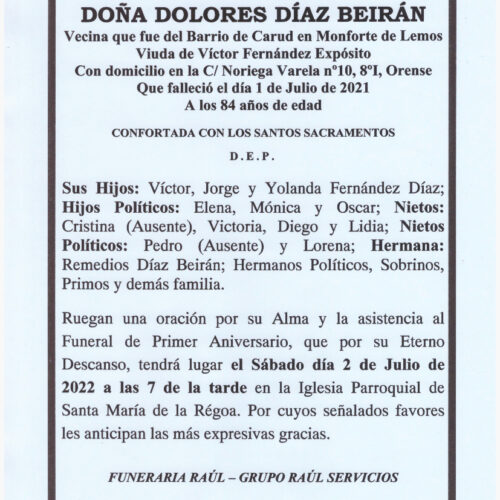 PRIMER ANIVERSARIO DE DOÑA DOLORES DIAZ BEIRAN