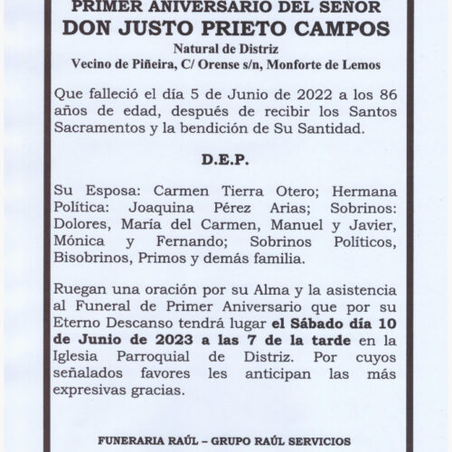 PRIMER ANIVERSARIO DE DON JUSTO PRIETO CAMPOS