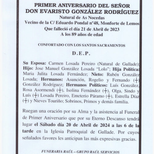 PRIMER ANIVERSARIO DE DON EVARISTO GONZALEZ RODRIGUEZ