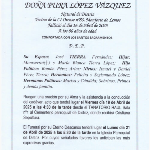 LA SEÑORA DOÑA PURIFICACIÓN LÓPEZ VÁZQUEZ