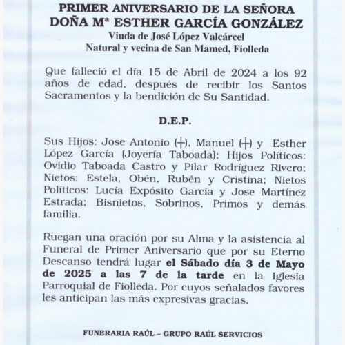 PRIMER ANIVERARIO DE DOÑA Mª ESTHER GARCIA GONZALEZ