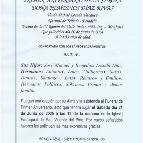 PRIMER ANIVERSARIO DE DOÑA REMEDIOS DIAZ RIVAS