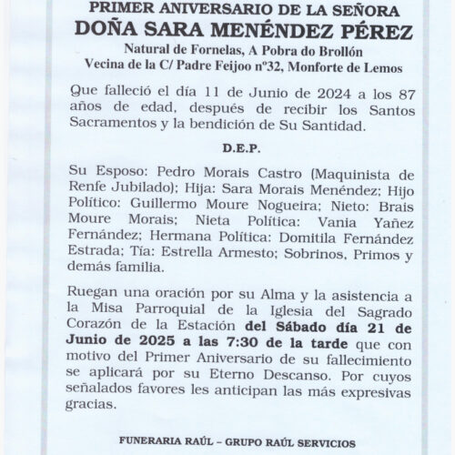 PRIMER ANIVERSARIO DE DOÑA SARA MENENDEZ PEREZ