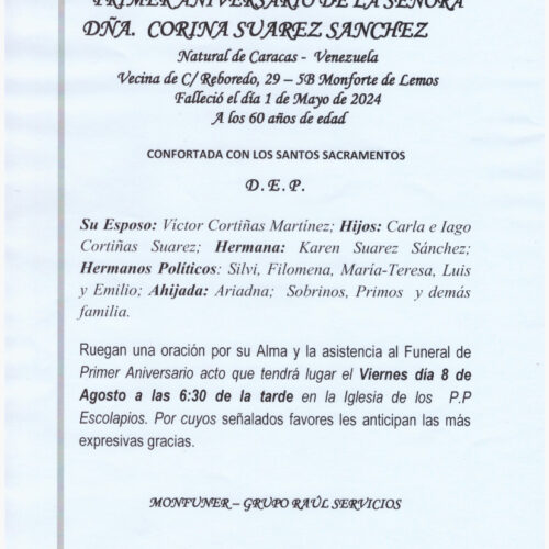 PRIMER ANIVERSARIO DE LA SEÑORA DOÑA CORINA SUAREZ SANCHEZ