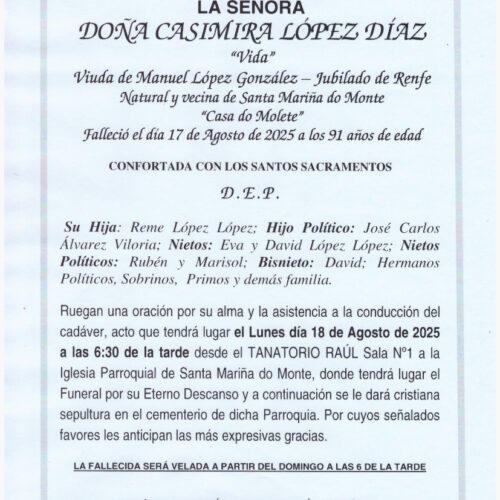 LA SEÑORA DOÑA CASIMIRA LOPEZ DIAZ