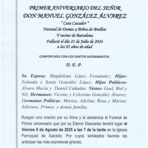 PRIMER ANIVERSARIO DEL SEÑOR DON MANUEL GONZALEZ ALVAREZ