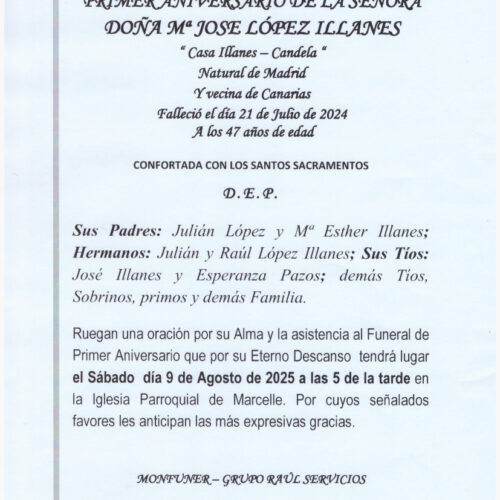PRIMER ANIVERSARIO DE LA SEÑOR DOÑA Mª JOSE LOPEZ ILLANES