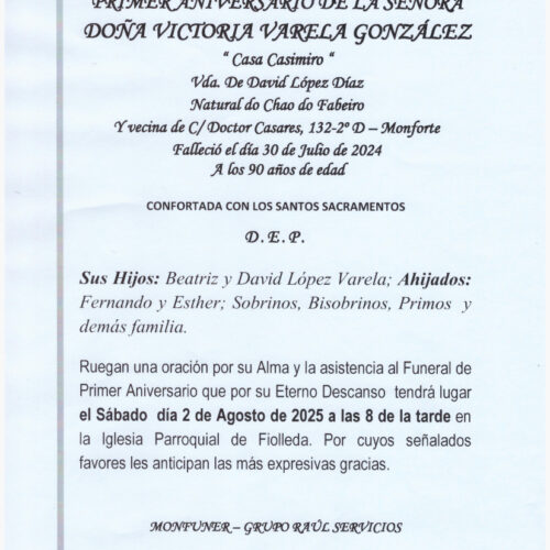 PRIMER ANIVERSARIO DE LA SEÑORA DOÑA VICTORIA VARELA GONZALEZ