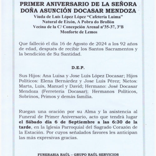 PRIMER ANIVERSARIO DE DOÑA ASUNCION DOCASAR MENDOZA