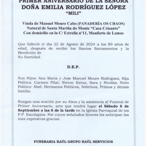 PRIMER ANIVERSARIO DE DOÑA EMILIA RODRIGUEZ LOPEZ