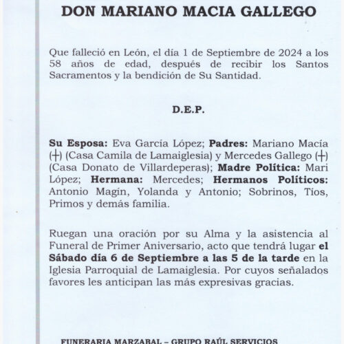 PRIMER ANIVERSARIO DE DON MARIANO MACIA GALLEGO