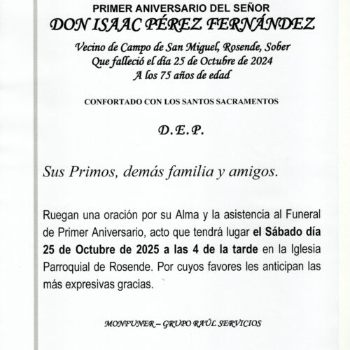 PRIMER ANIVERSARIO DE DON ISAAC PEREZ FERNANDEZ