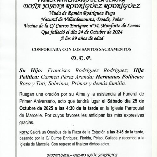PRIMER ANIVERSARIO DE DOÑA JOSEFA RODRIGUEZ RODRIGUEZ
