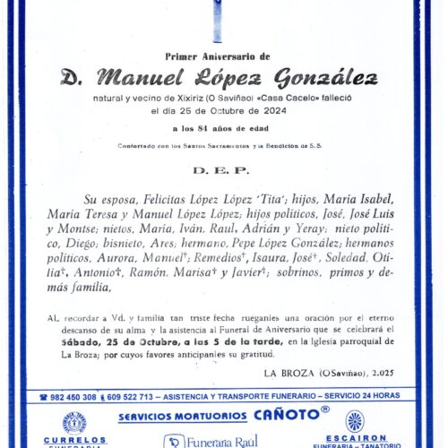 PRIMER ANIVERSARIO DE DON MANUEL LÓPEZ GONZÁLEZ