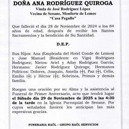 PRIMER ANIVERSARIO DE DOÑA ANA RODRIGUEZ QUIROGA