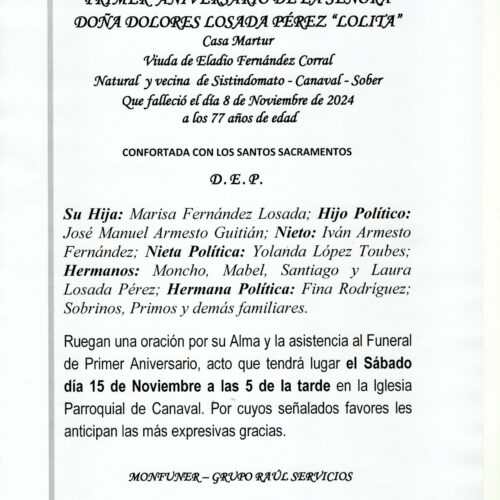 PRIMER ANIVERSARIO DE DOÑA DOLORES LOSADA PEREZ
