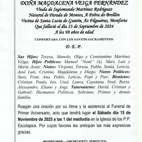 PRIMER ANIVERSARIO DE DOÑA MAGDALENA VEIGA FERNANDEZ