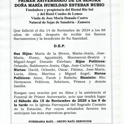 PRIMER ANIVERSARIO DE DOÑA Mª HUMILDAD ESTEBAN RUBIO