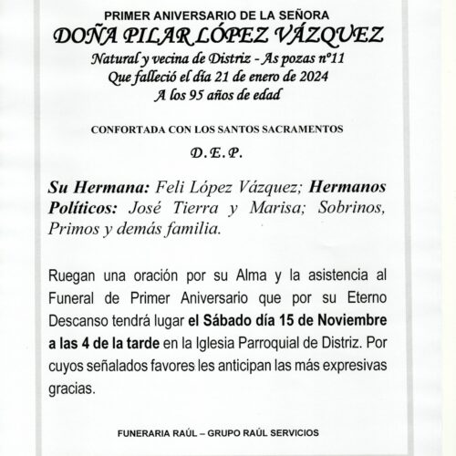 PRIMER ANIVERSARIO DE DOÑA PILAR LOPEZ VAZQUEZ