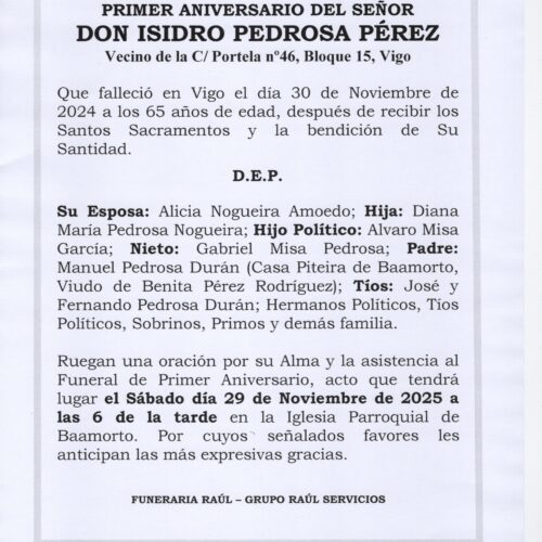 PRIMER ANIVERSARIO DE DON ISIDRO PEDROSA PEREZ