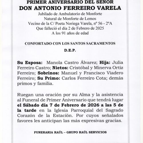 PRIMER ANIVERSARIO DE DON ANTONIO FERREIRO VARELA