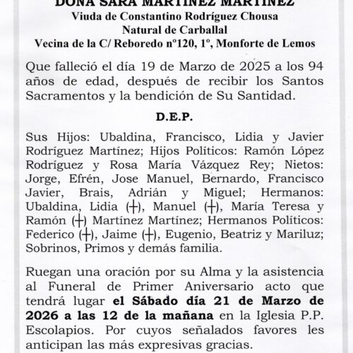 PRIMER ANIVERSARIO DE DOÑA SARA MARTINEZ MARTINEZ