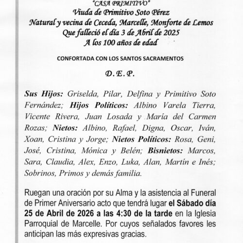 PRIMER ANIVERSARIO DE DOÑA ERMITAS FERNANDEZ RODRIGUEZ
