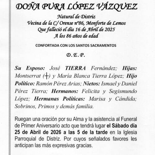 PRIMER ANIVERSARIO DE DOÑA PURA LOPEZ VAZQUEZ