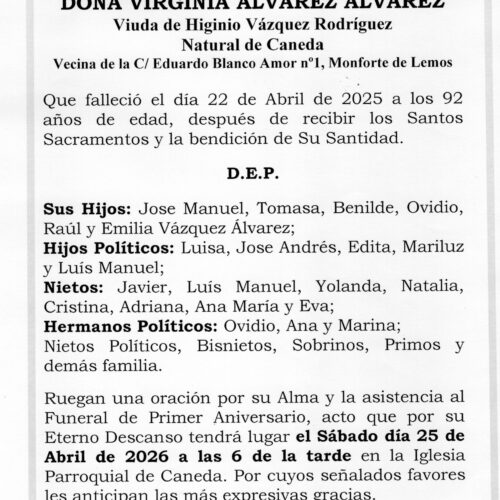 PRIMER ANIVERSARIO DE DOÑA VIRGINIA ALVAREZ ALVAREZ