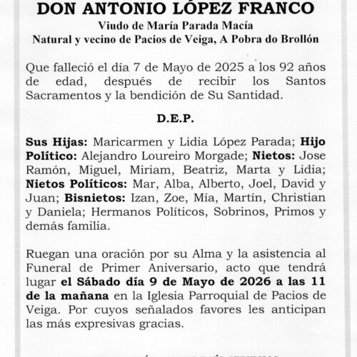 PRIMER ANIVERSARIO DE DON ANTONIO LÓPEZ FRANCO