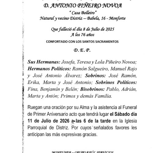 PRIMER ANIVERSARIO DEL SEÑOR DON ANTONIO PIÑEIRO NOVOA