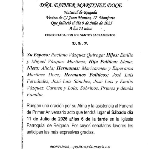 PRIMER ANIVERSARIO DE LA SEÑORA DOÑA ESTHER MARTINEZ DOCE