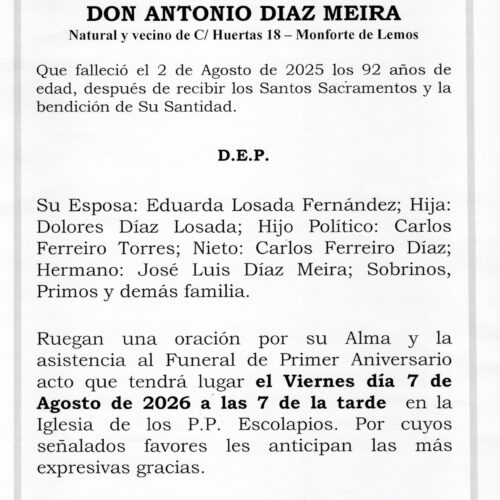 PRIMER ANIVERSARIO DE DON ANTONIO DIAZ MEIRA