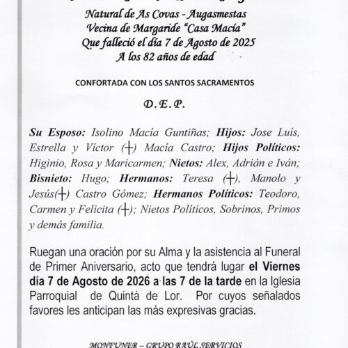 PRIMER ANIVERSARIO DE DOÑA ESTRELLA CASTRO GOMEZ