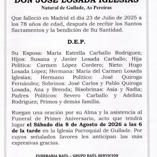 PRIMER ANIVERSARIO DE DON JOSE LOSADA IGLESIAS