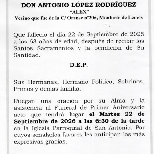 PRIMER ANIVERSARIO DE DON ANTONIO LOPEZ RODRIGUEZ