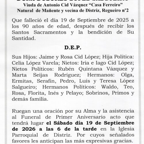 PRIMER ANIVERSARIO DE DOÑA DOLORES LÓPEZ SALGUEIRO